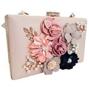 Women's pink glam 3 D floral rhinestones pearls elegant gold evening clutch bag
